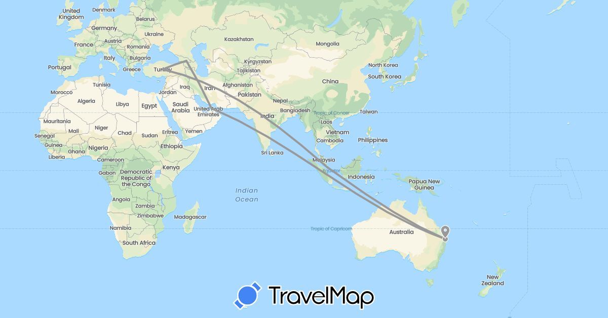 TravelMap itinerary: driving, plane in United Arab Emirates, Australia, Georgia, Singapore, Turkey (Asia, Oceania)